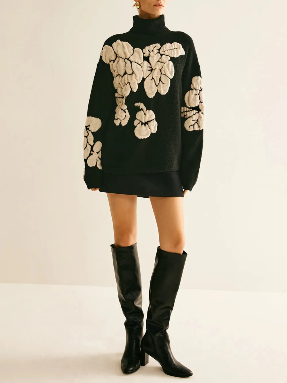 Jacquard High Neck Drop Shoulder Sweater