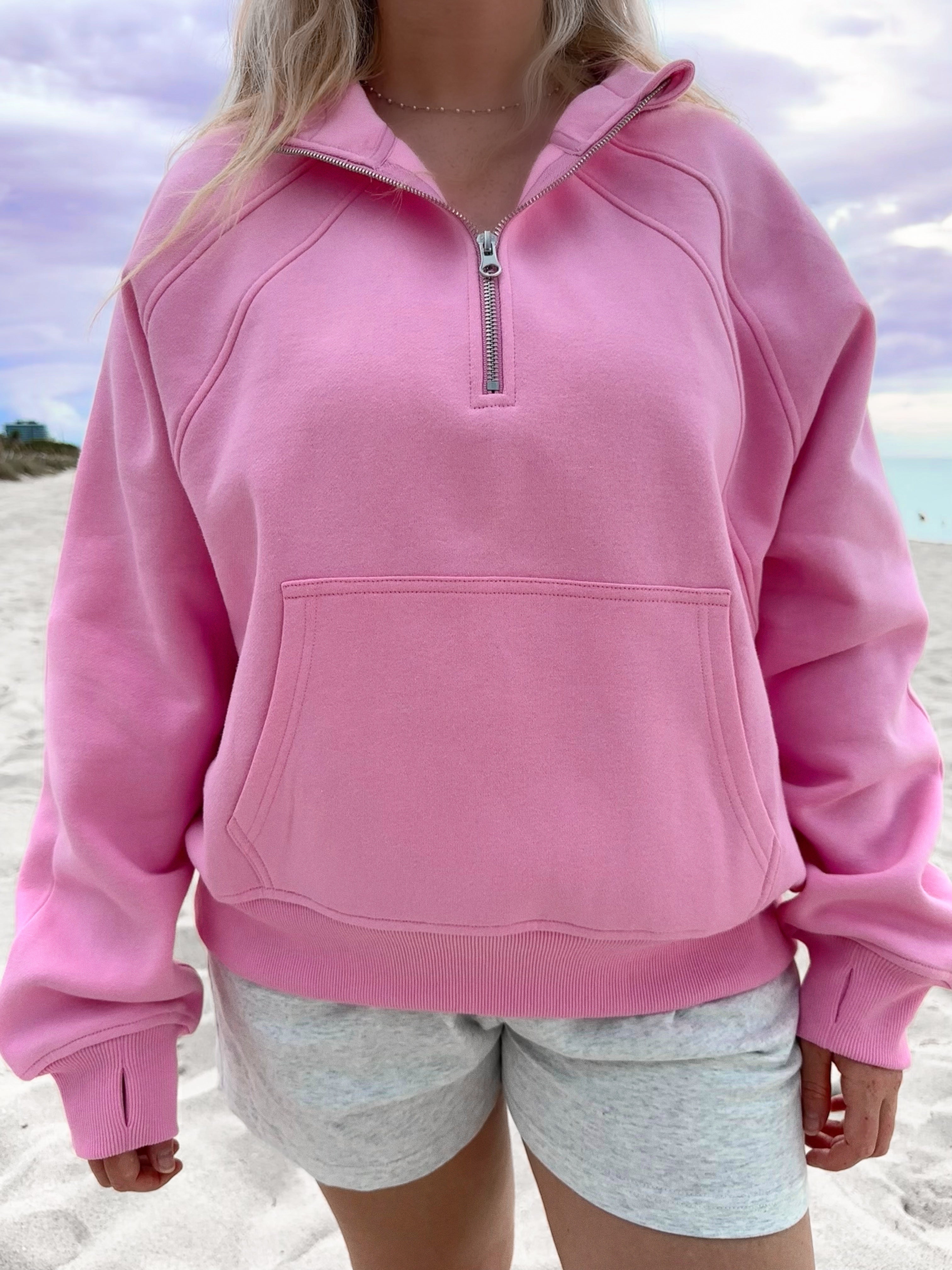 Sweet Pea Pink Pilates Detailed Waist Length Quarter Zip Hoodie