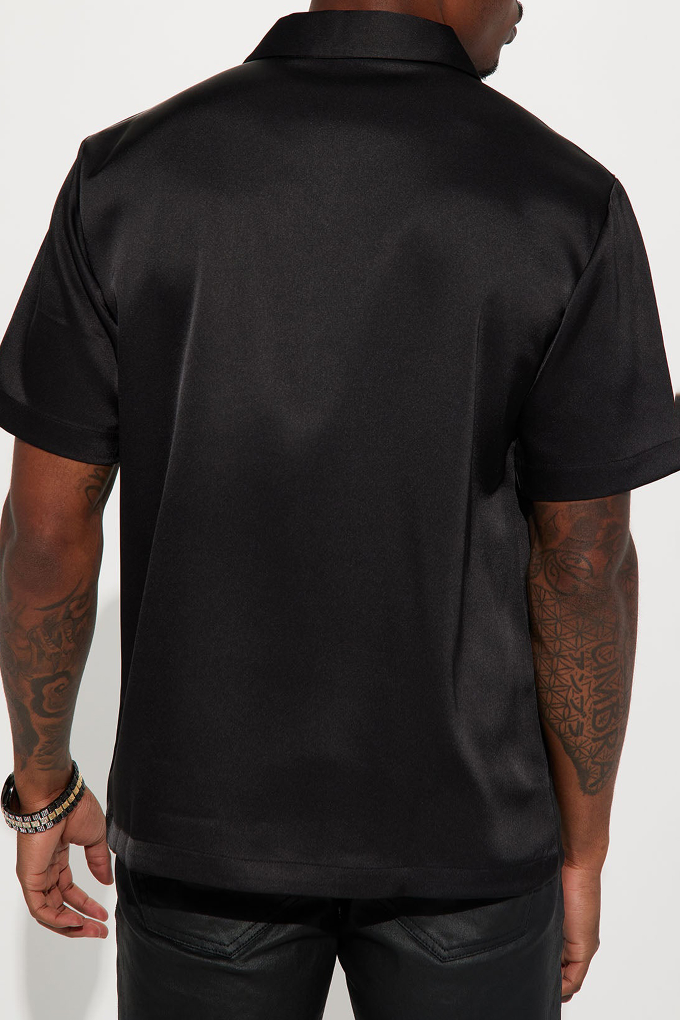 Links Satin Short Sleeve Button Up Shirt - Black