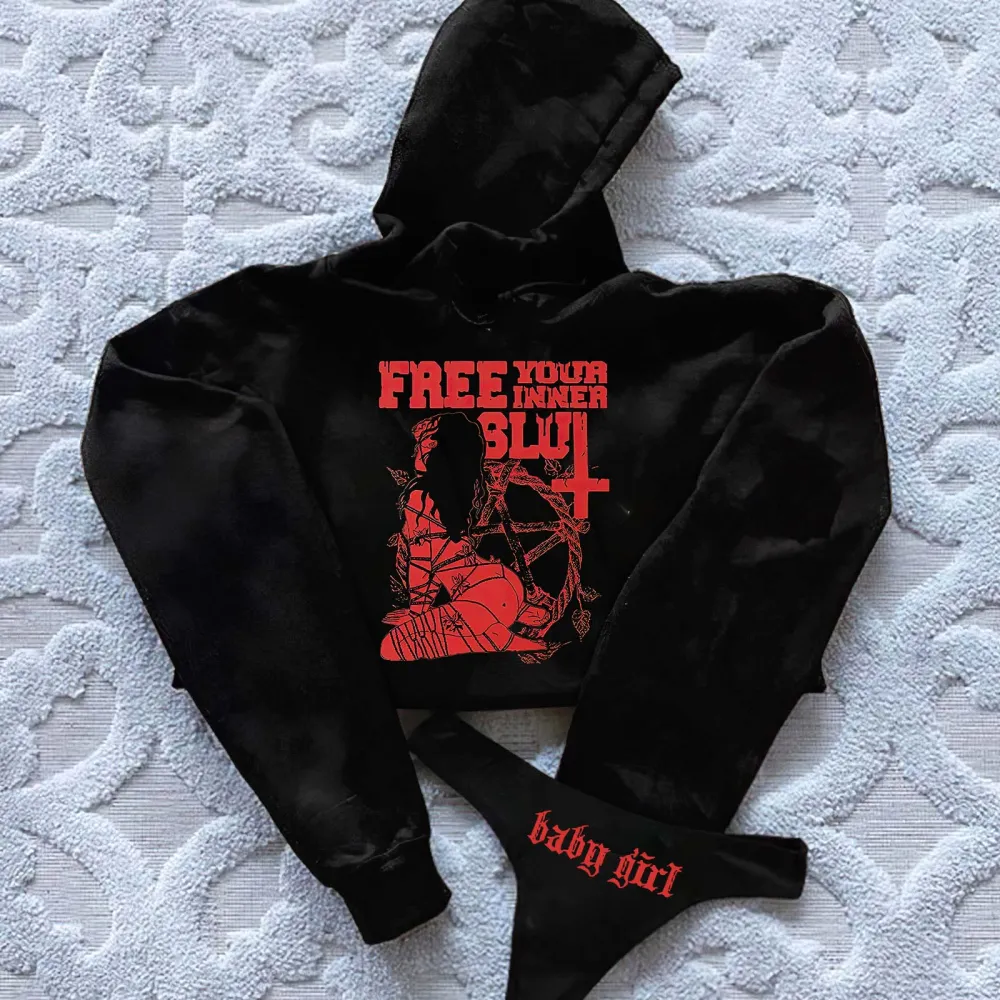 Free Your Inner Slut Printed Women's Cropped Hoodie & Thong Sets
