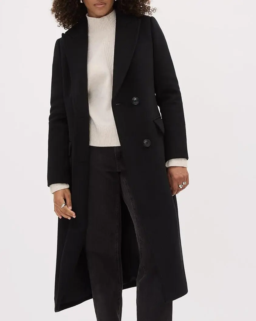 Solid Long Double-Breasted Wool Coat