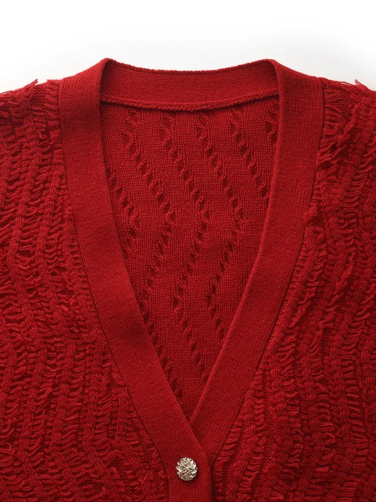 100% Wool Chili Red Women Cardigan