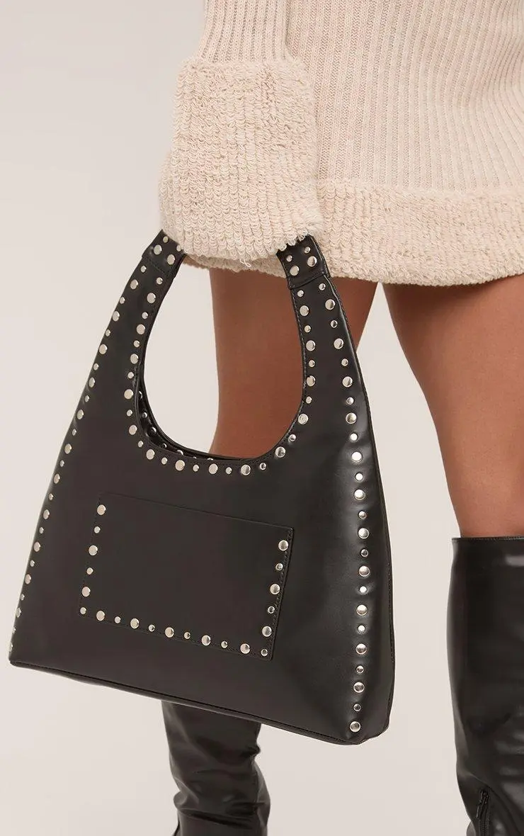 Nora Stud Detail Shaped Shoulder Bag In Black Faux Leather