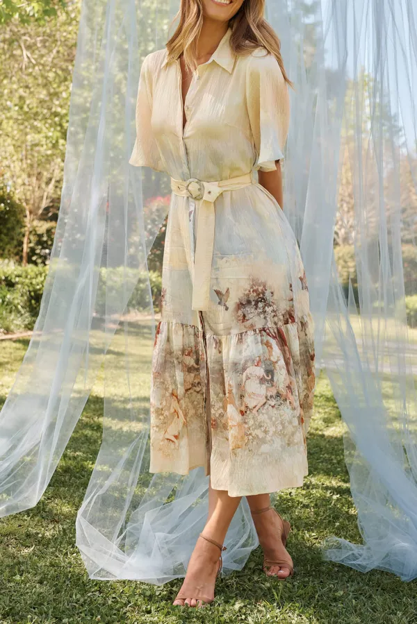 Beige Printed Tiered Shirt Midi Dress