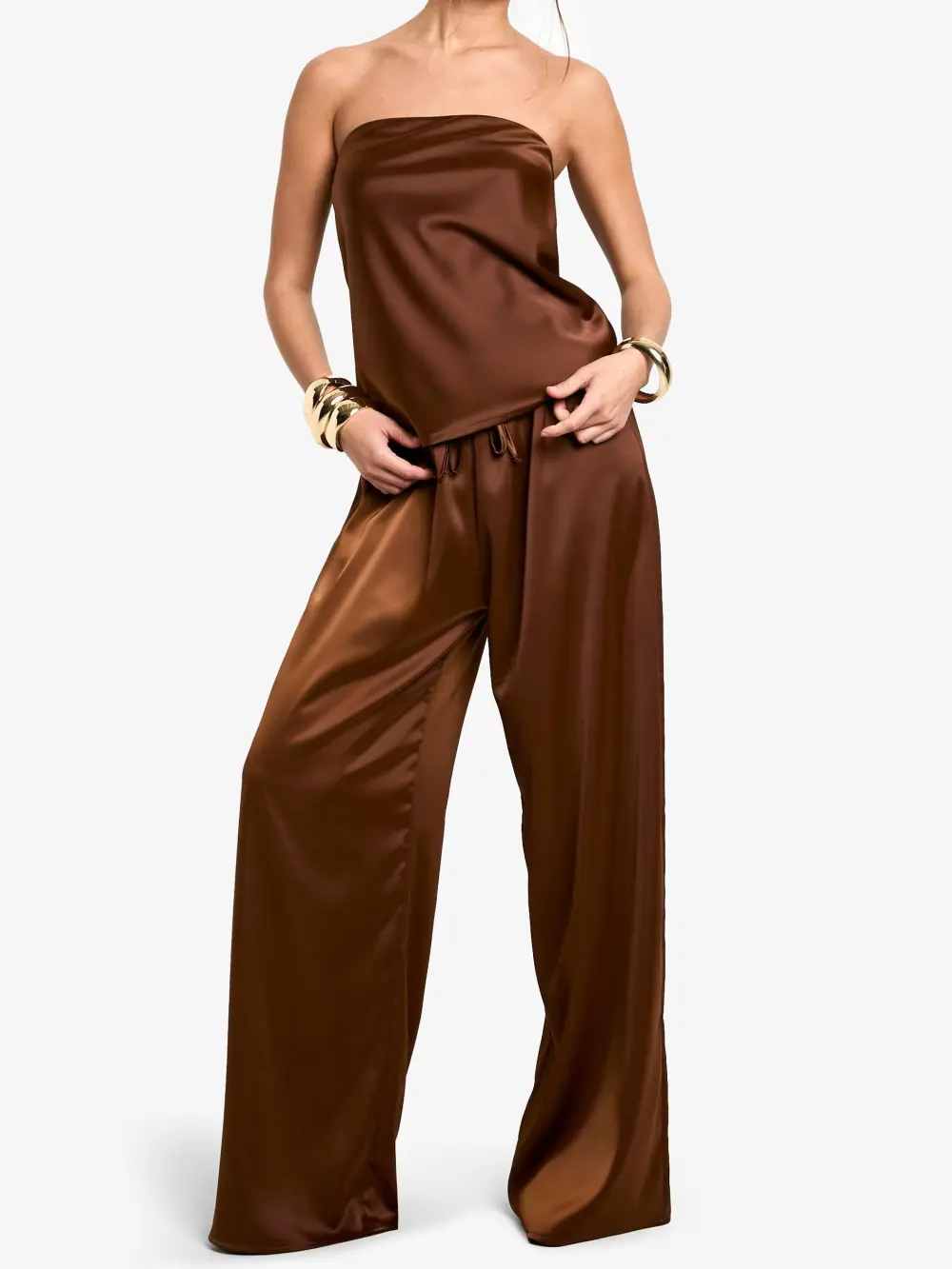 CHOCOLATE BANDEAU & DRAWSTRING WAIST WIDE LEG TROUSER SET