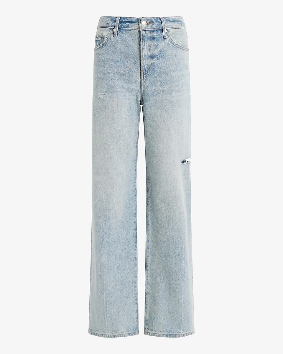 High Waisted Light Wash Ripped 50/50 Rigid Stretch Relaxed Straight Jeans