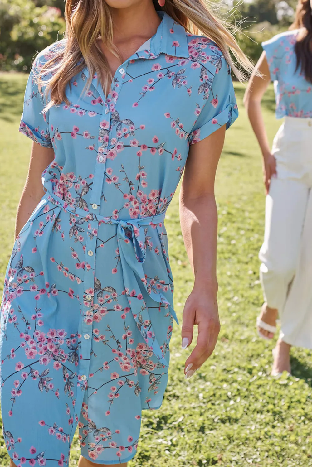 Light Blue Floral Print Shirt Midi Dress