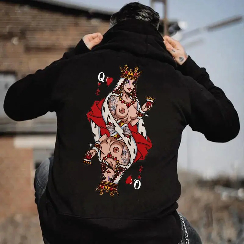 Q Playing Cards Leaking Breasts Printed Men's Hoodie