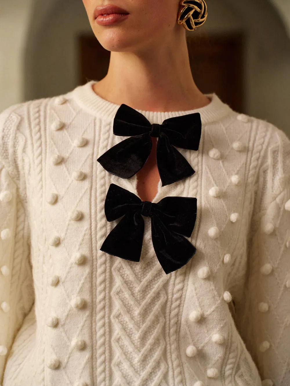 Bow-Decor Round Neck Lantern Sleeve Sweater