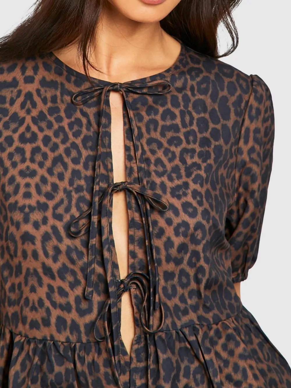 LEOPARD PUFF SLEEVE BOW TIE TOP