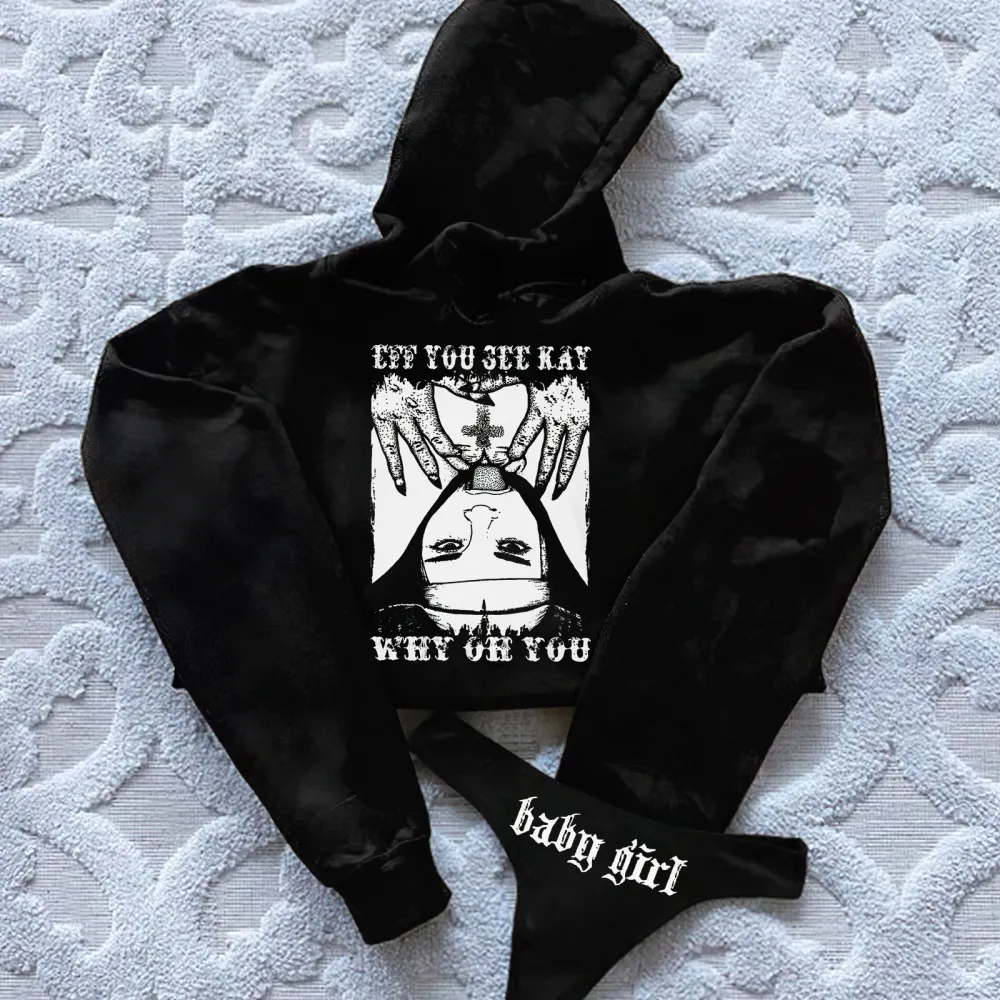 Dirty Nun Eff You See Kay Why Oh You Unholy Nun Printed Women's Cropped Hoodie & Thong Sets