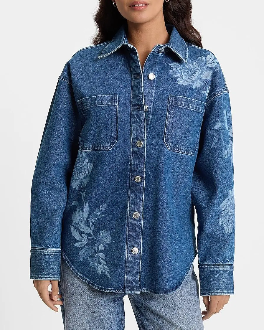 Floral Double Pocket Denim Shacket