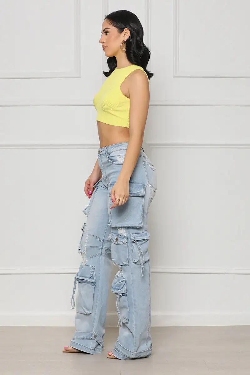 Always On Go Distressed Cargo Jeans (Light Wash)