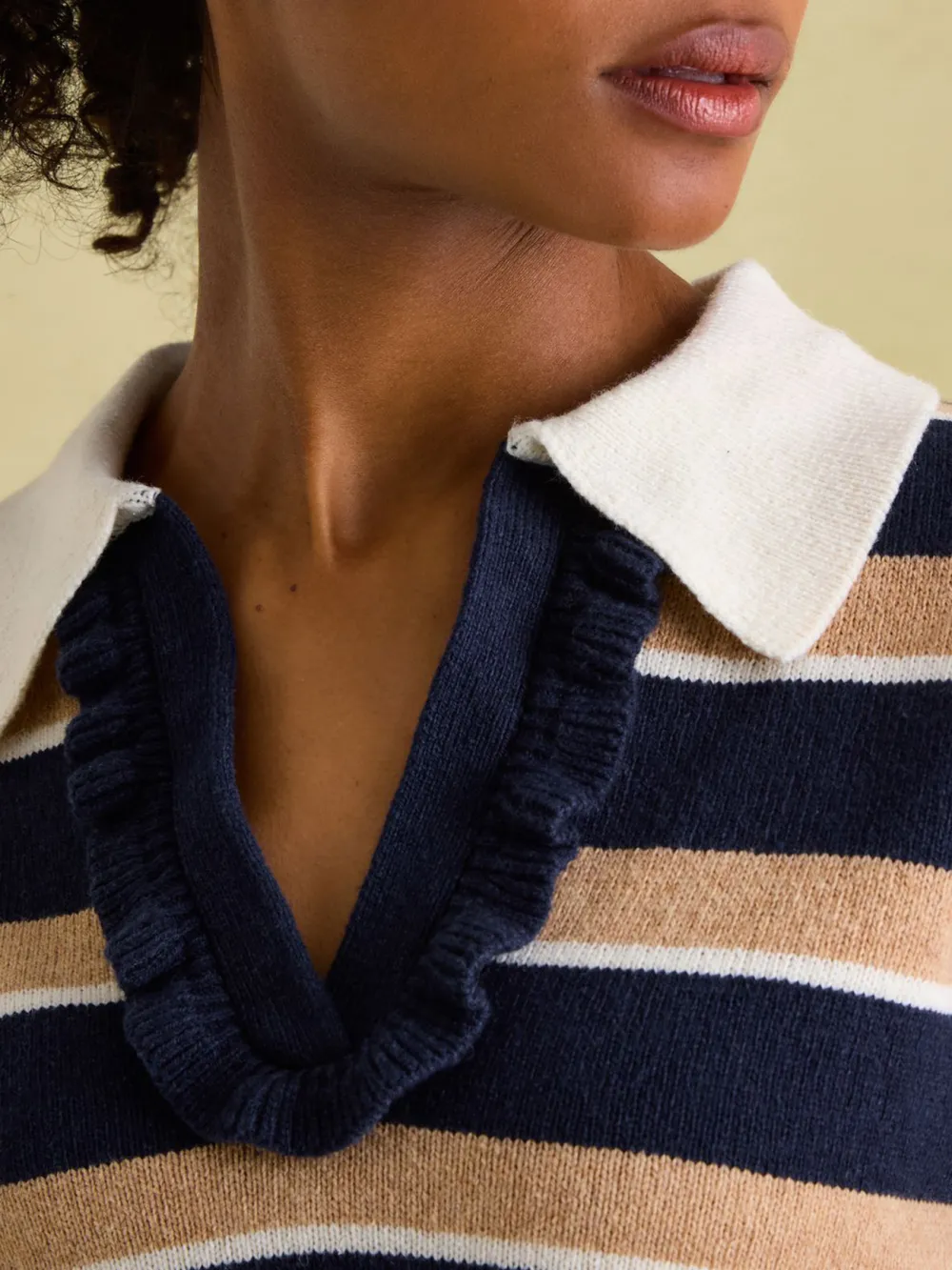 NavyOatmeal V Neck Stripe Jumper with Collar