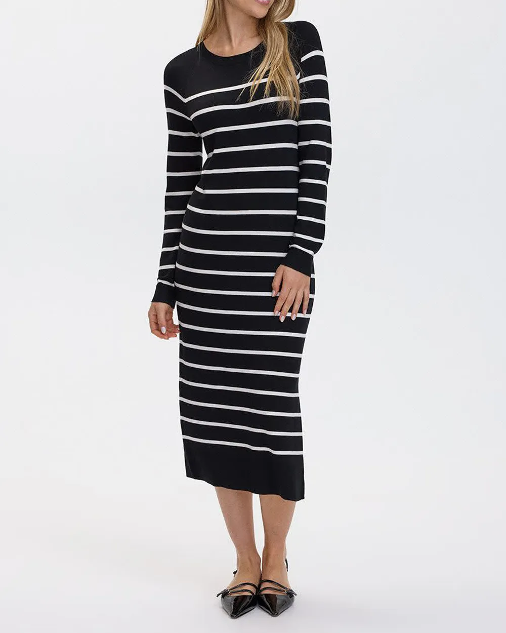 Long-Sleeve Crew-Neck Midi Sweater Dress