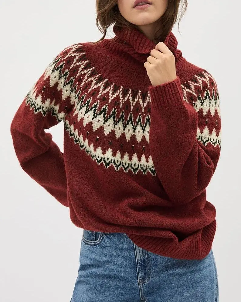 Chunky Turtleneck Sweater with Fair Isle Pattern