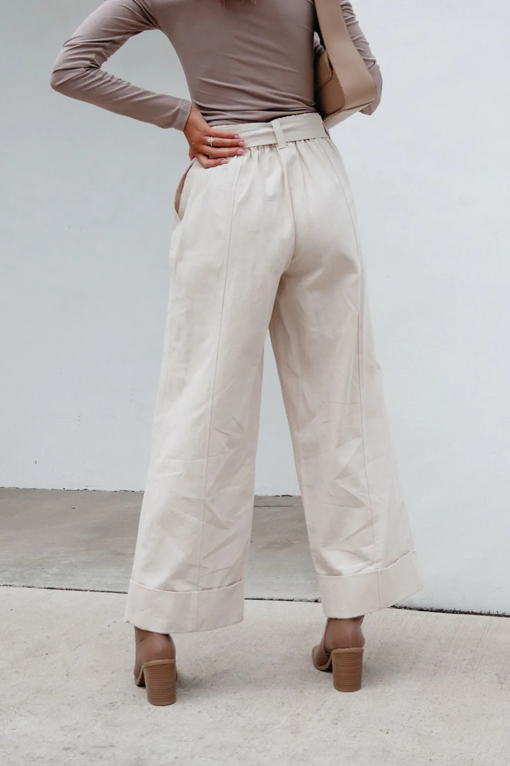 Belted Wide Leg Cuffed Pants - Natural