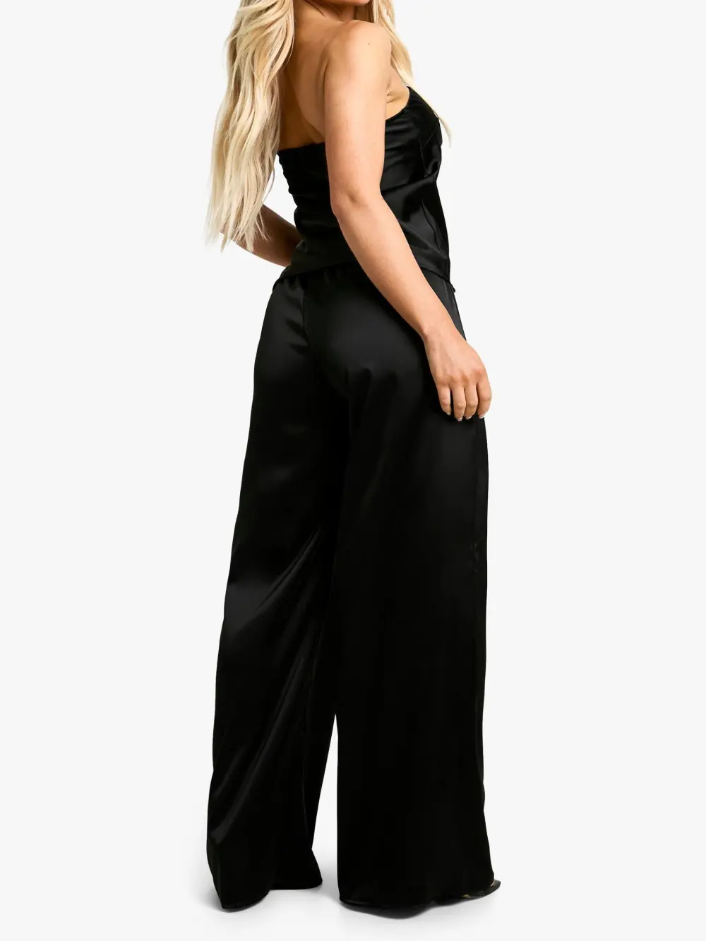 BLACK SATIN LONGLINE BANDEAU & DRAWSTRING WAIST WIDE LEG TROUSER SET