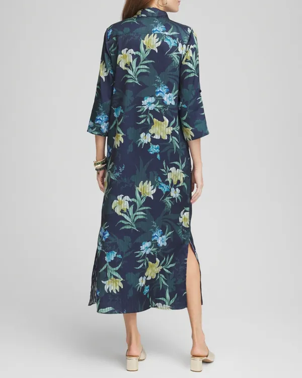 Long Sleeve StainTropical Print Midi Dress