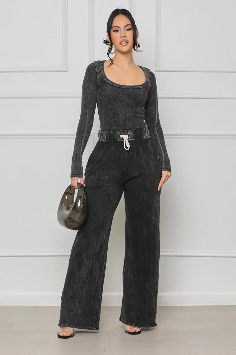 So Influential Contour Ribbed Pants Set (Grey Acid Wash)- FINAL SALE