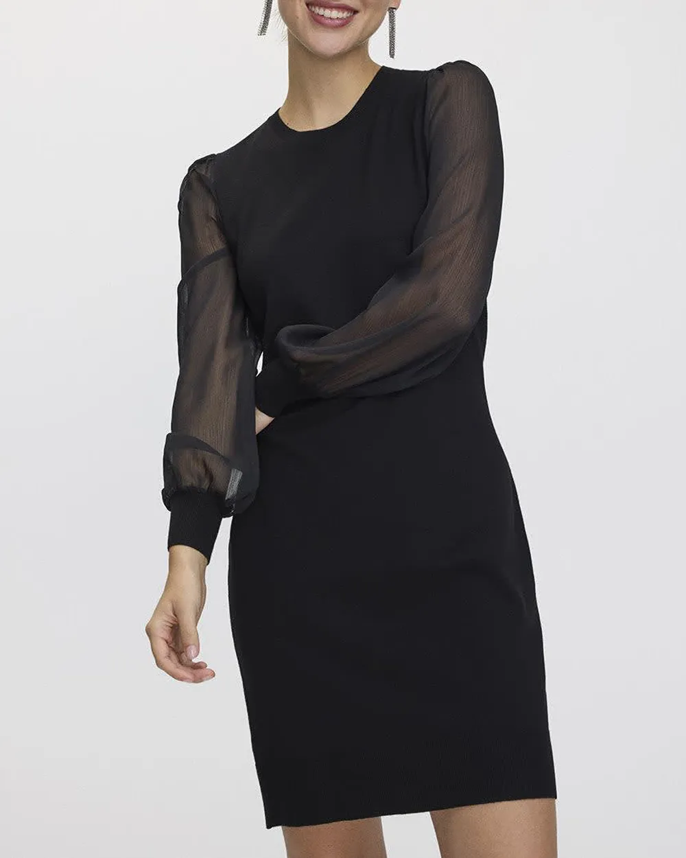 Mix-Media Long-Sleeve Crew-Neck Bodycon Dress