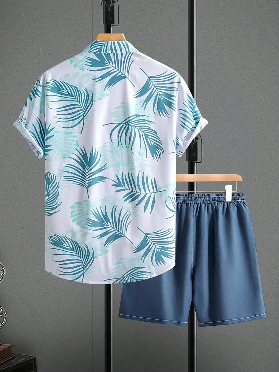2pcs Men's Floral Print Shirt And  Pocket Shorts Set Men Summer Outfits