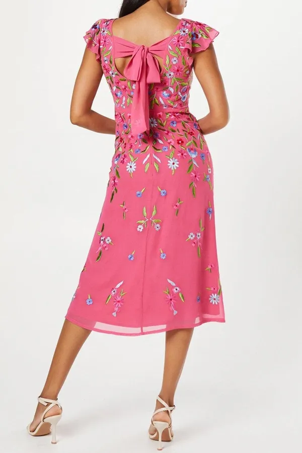 Trailing Embroidered Flutter Sleeve Midi Dress