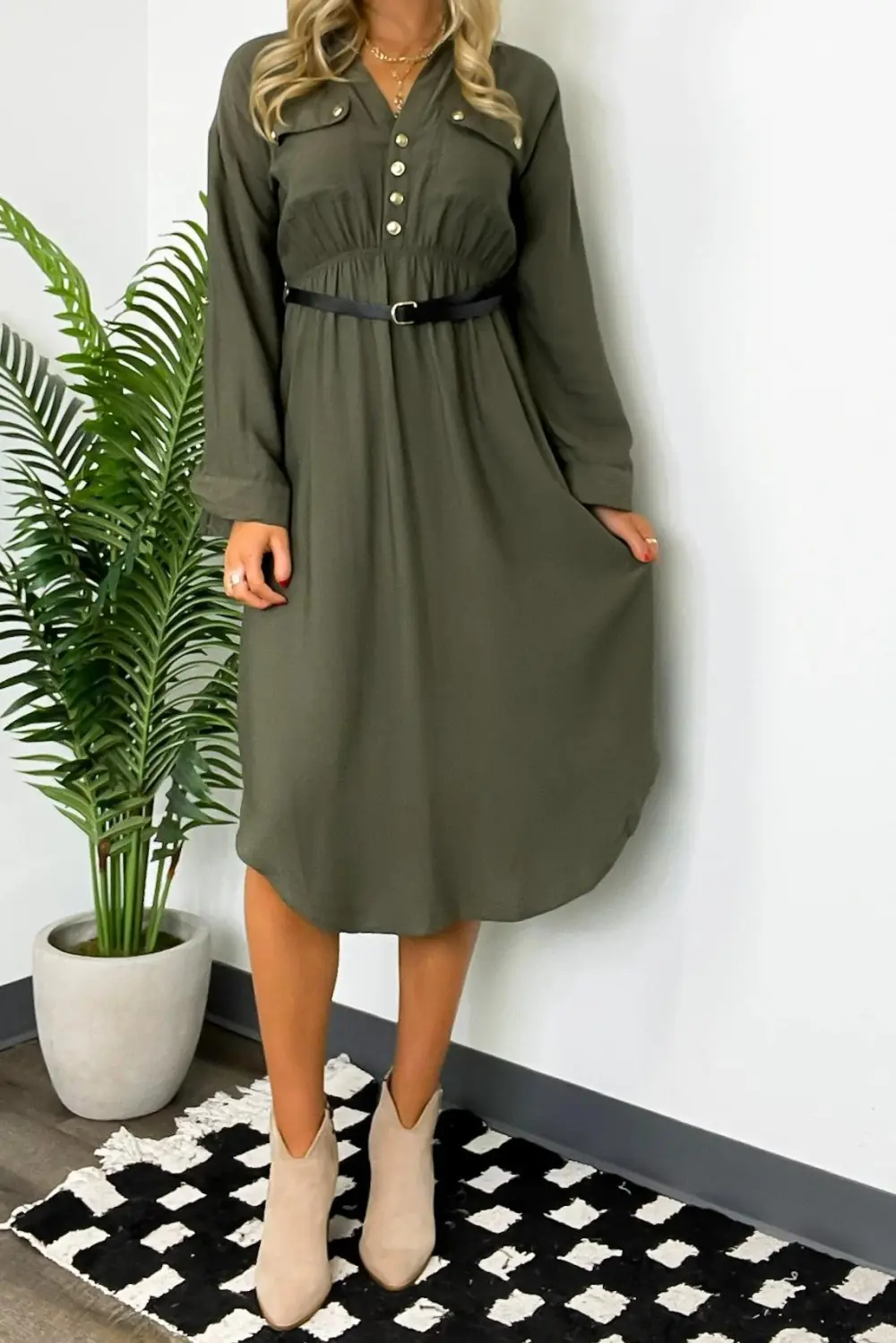 Adeline Button Down Belted Midi Dress