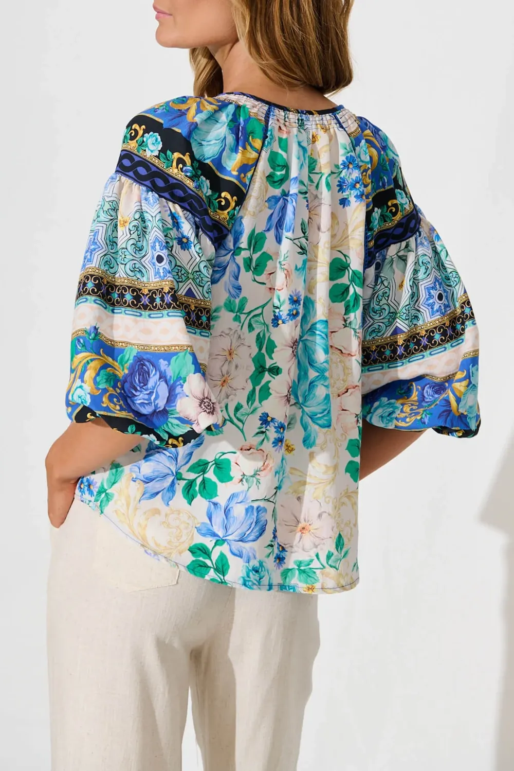 Blue Floral Patterned Half Sleeve Blouse