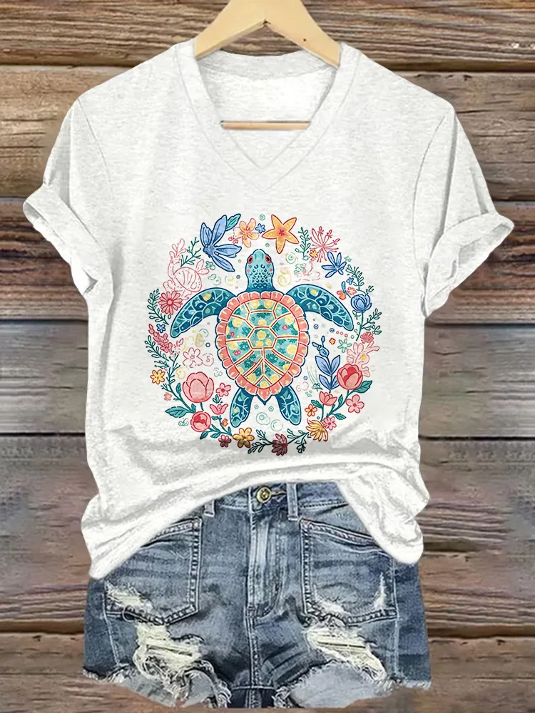 Women's Summer Vibes Short Sleeves V-Neck Pure Cotton T-Shirt