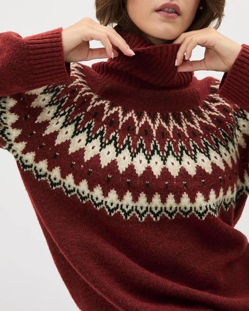 Chunky Turtleneck Sweater with Fair Isle Pattern