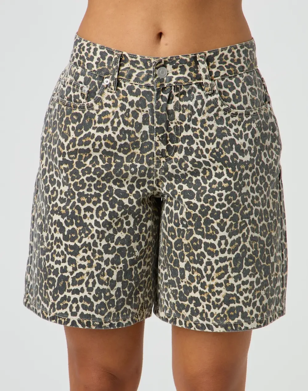 Longline Low Rise Leopard Denim Short