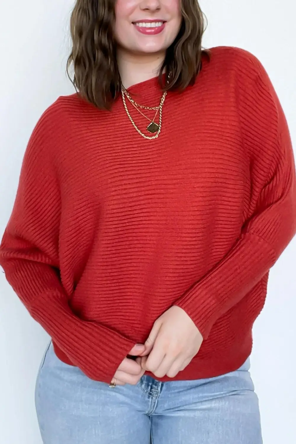 Ribbed Boat Neck Knit Sweater