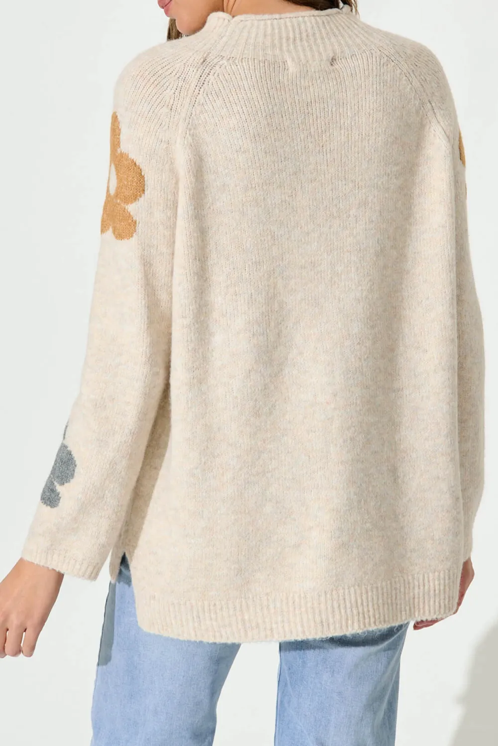 Beige Floral Patterned Knitted Sweater