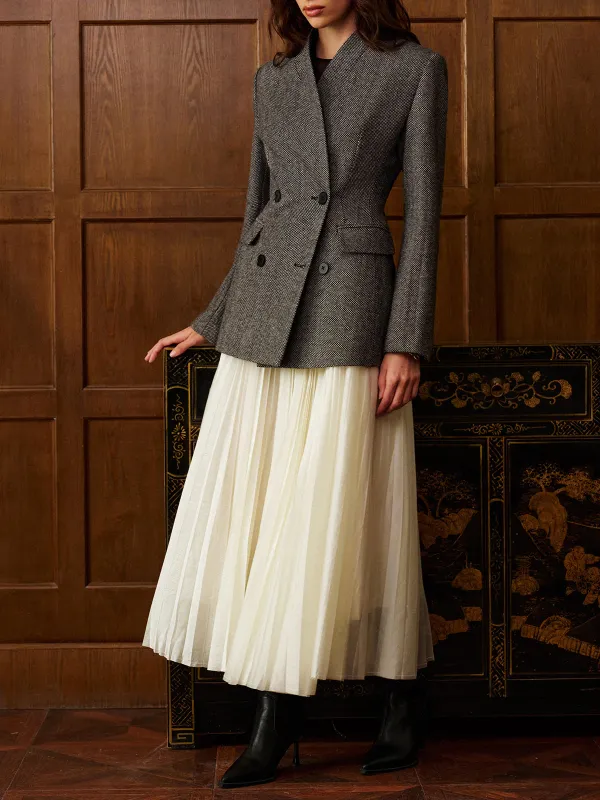 Wool-Blend Plain Double-Breasted Blazer