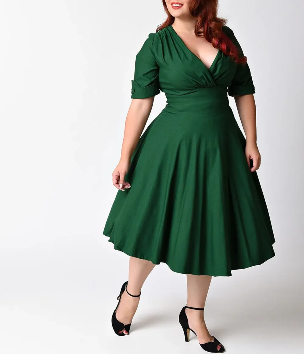 Unique Vintage Plus Size Emerald Green Delores Swing Dress With Sleeves