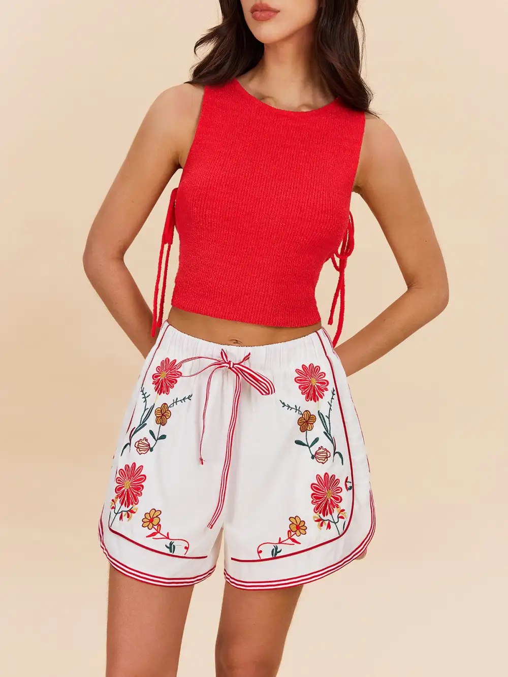 Drawstring Floral Embroidered Shorts