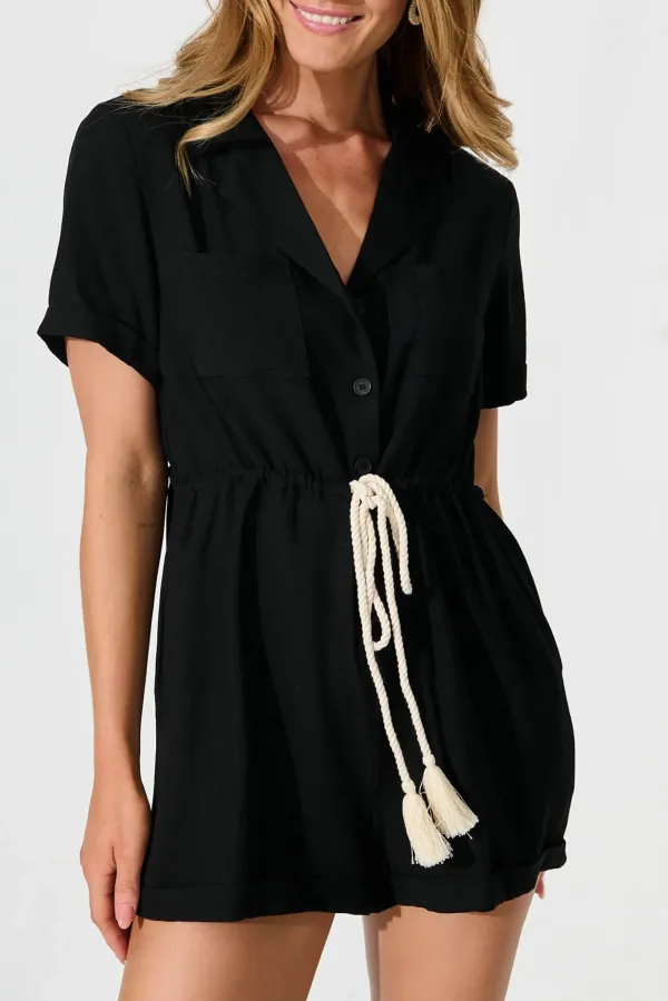 Black Short Sleeve Belted Romper