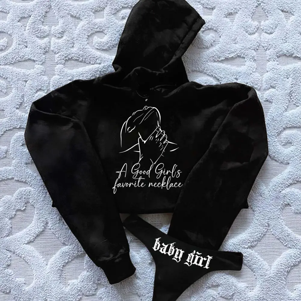 A Good Girl's Favorite Necklace Printed Women's Cropped Hoodie & Thong Sets