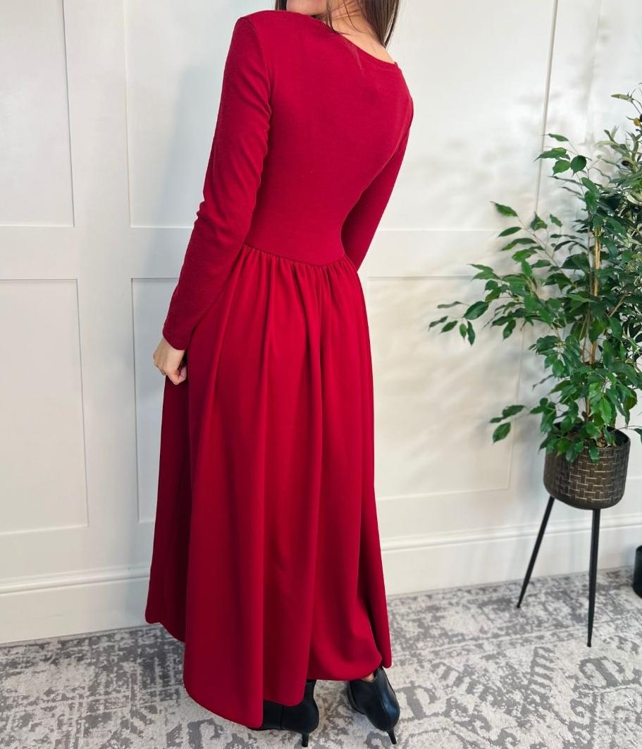 Red Knitted Bodice Midi Dress