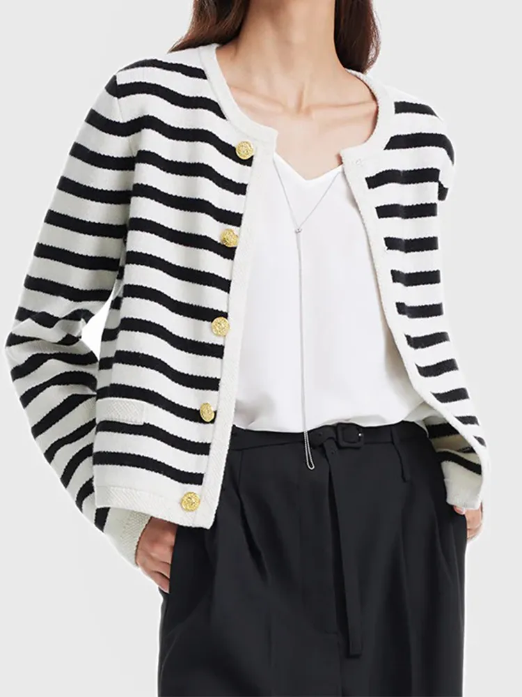 Button Up Woolen Striped Lady Cardigan