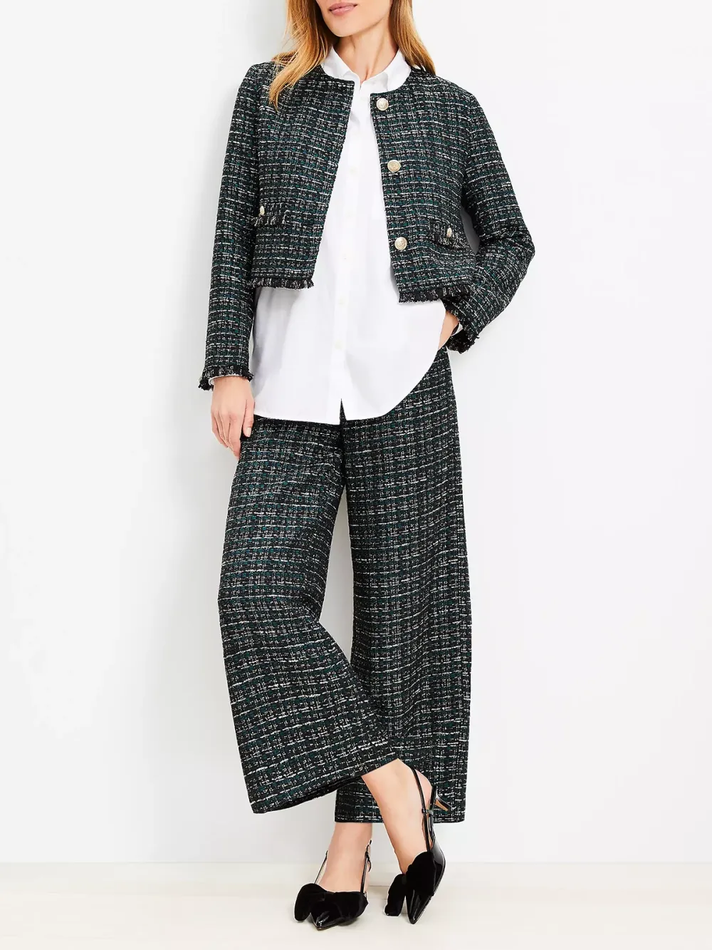 Darted Palazzo Pants in Textured Tweed