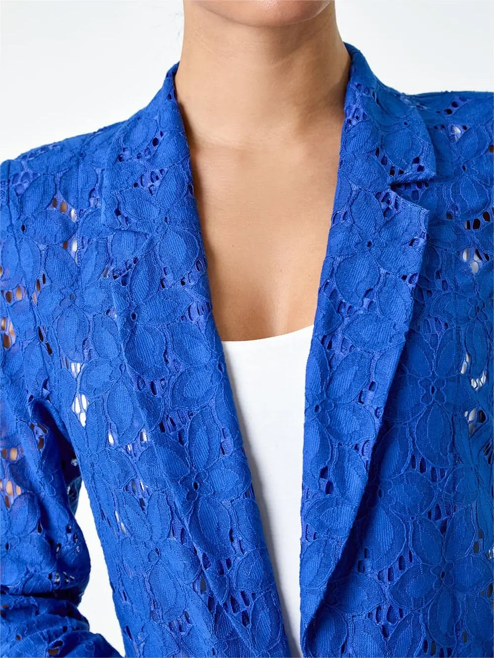 Royal Blue Cotton Blend Floral Lace Jacket