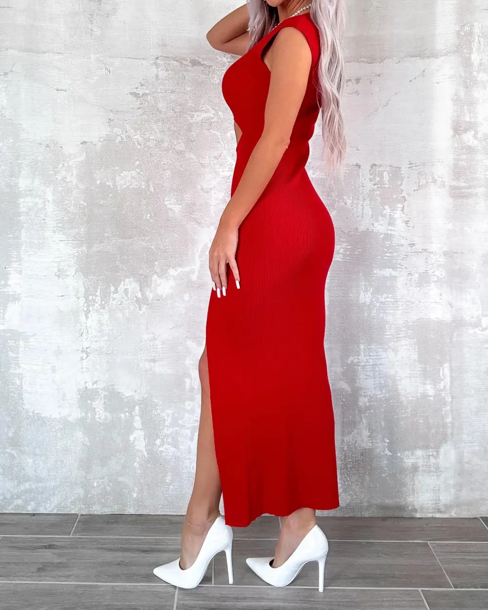 Chic Outing Cutout Slit Dress - Red