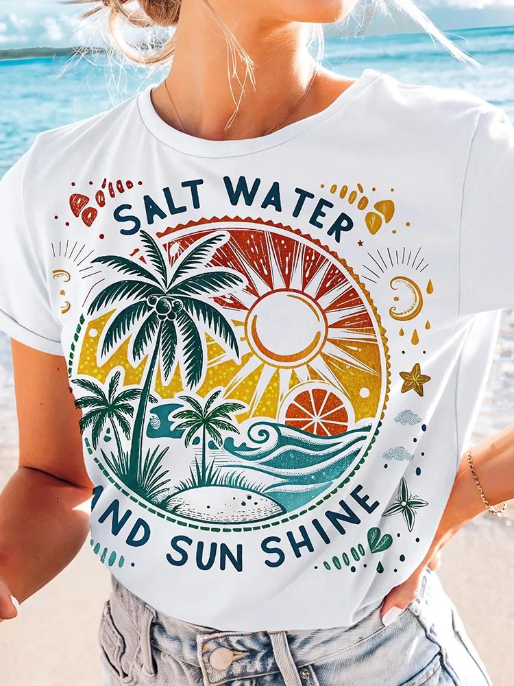Women's Salt Water And Sunshine Round Neck Short Sleeves Pure Cotton T-Shirt