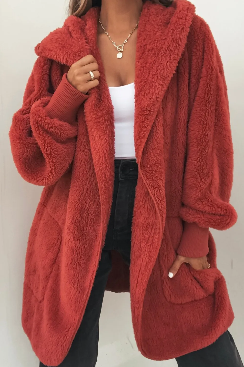 Teddy Fleece Hooded Cardigan - Red