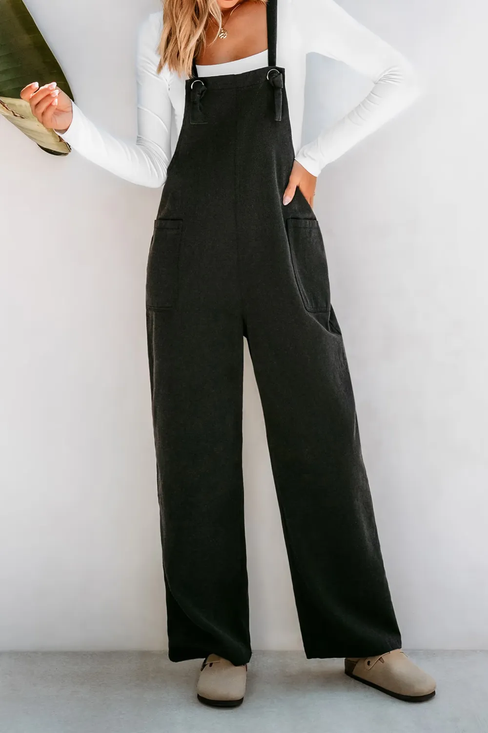 Charcoal Square Neck Knotted Strap Flared Leg Overalls