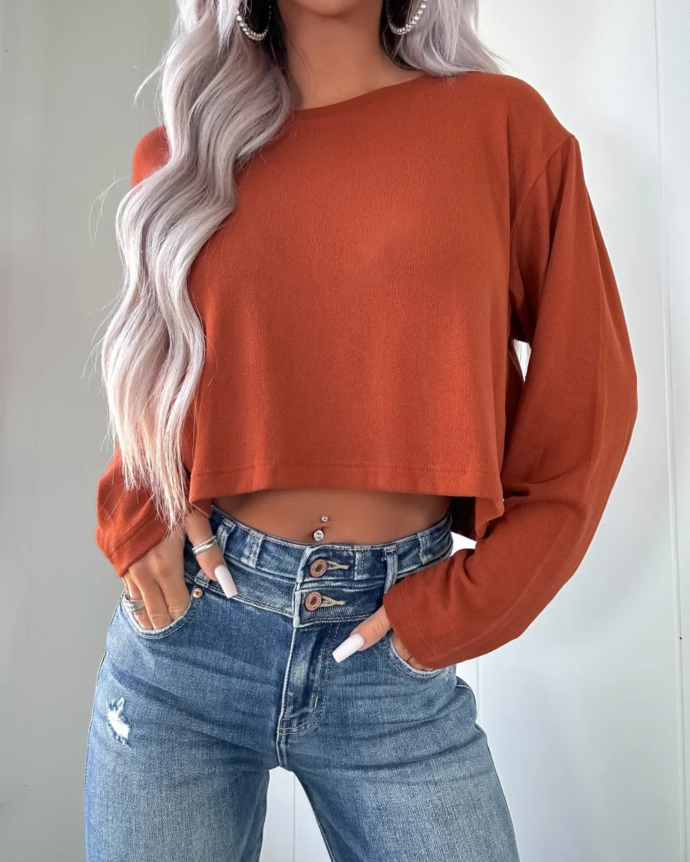 Fresh Breeze Long Sleeve Crop Top - Rust