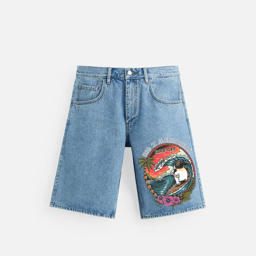 Summer Beach Surfing Printed Denim Shorts