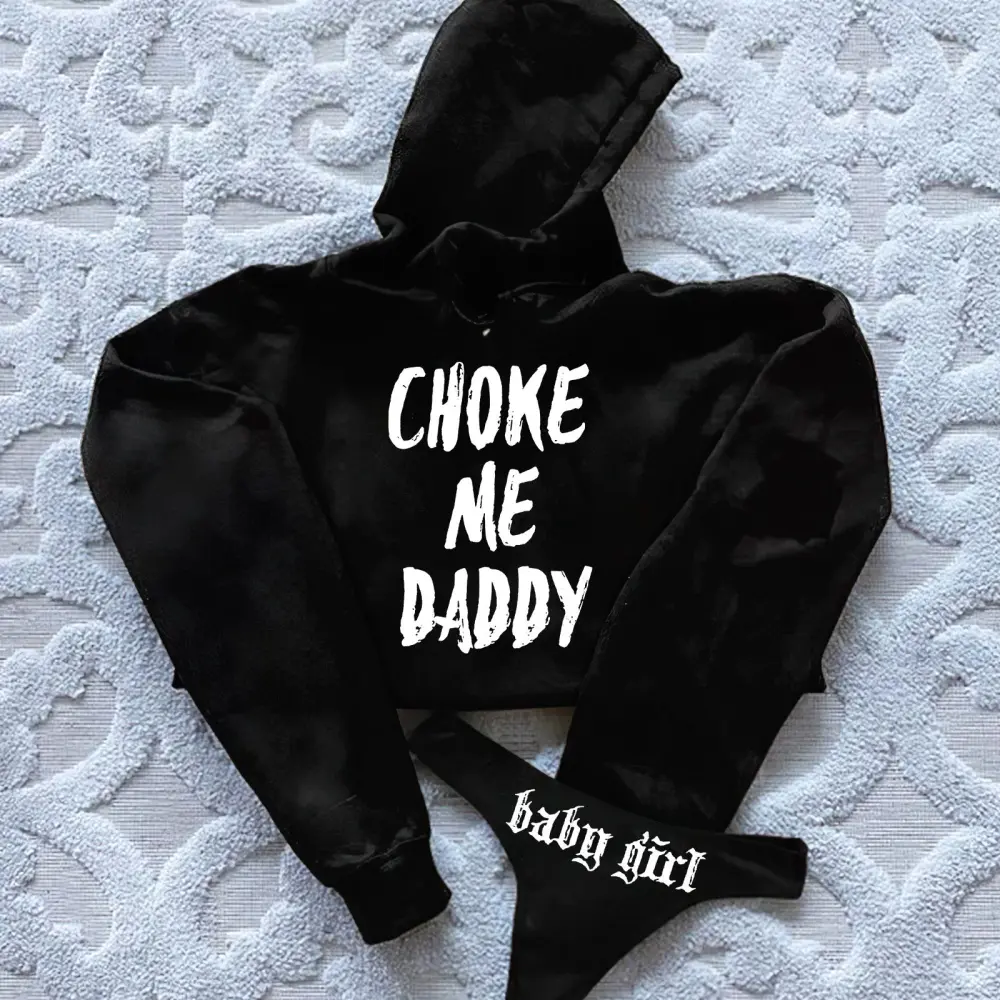 Choke Me Daddy Printed Women's Cropped Hoodie & Thong Sets